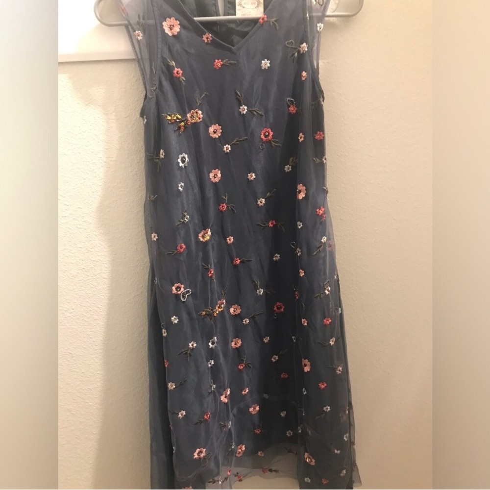 Mia Joy Navy Floral Embroidered Mesh Kids Dress Size 14